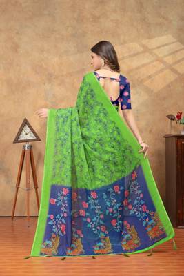 green colour Linen cotton ready to wear saree with unstitched blouse 3