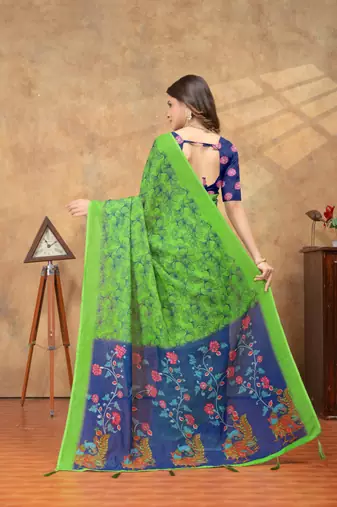 green colour Linen cotton ready to wear saree with unstitched blouse