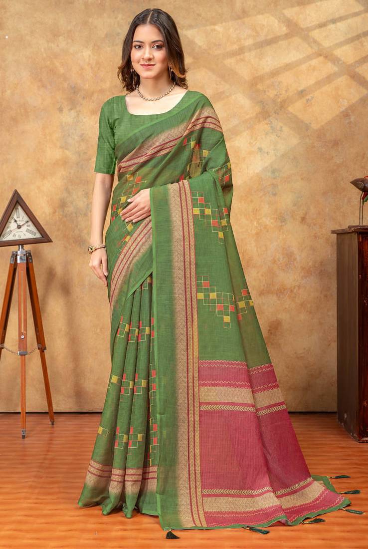 green colour Linen cotton ready to wear saree with unstitched blouse