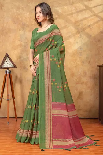 green colour Linen cotton ready to wear saree with unstitched blouse