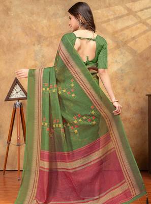 green colour Linen cotton ready to wear saree with unstitched blouse 3