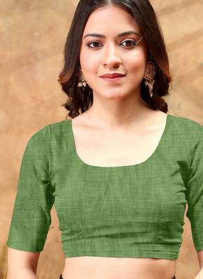 green colour Linen cotton ready to wear saree with unstitched blouse 4