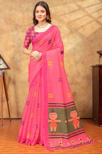 pink colour Linen cotton ready to wear saree with unstitched blouse