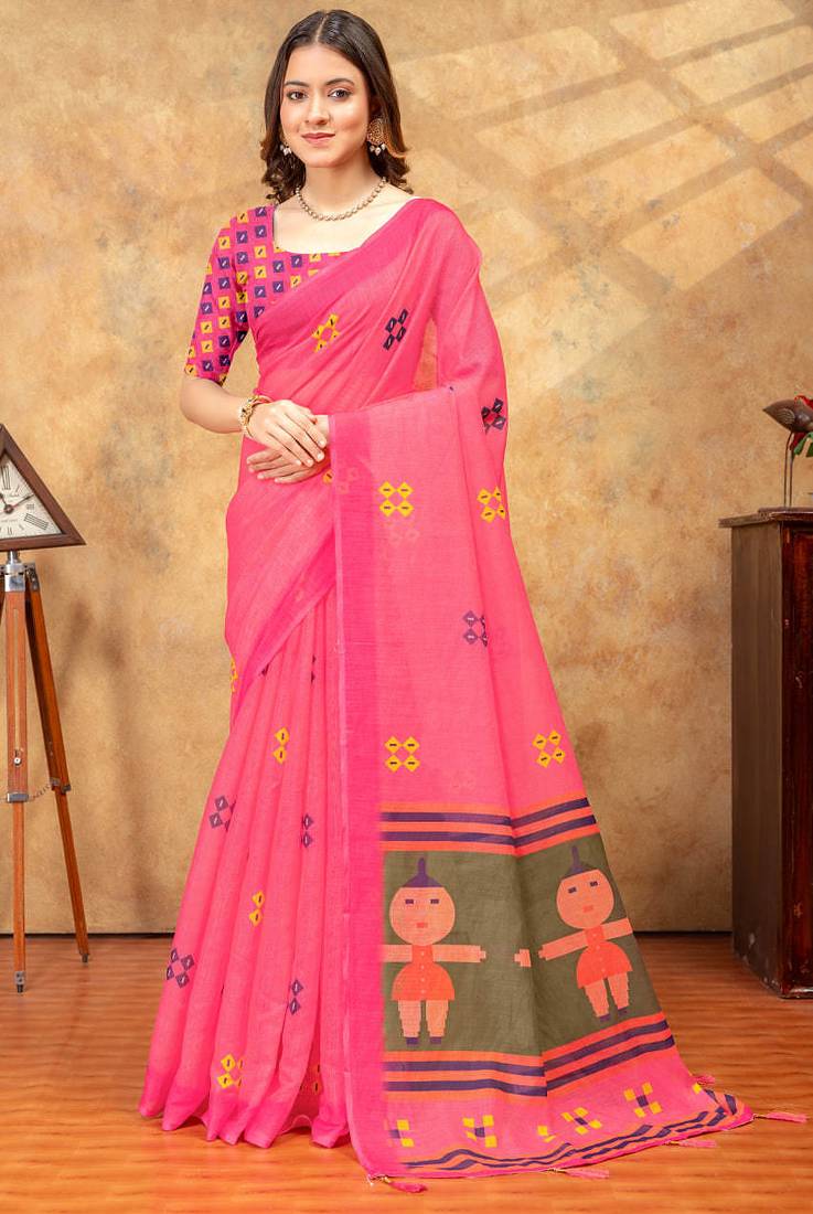 pink colour Linen cotton ready to wear saree with unstitched blouse