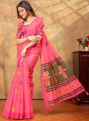 pink linen cotton pre-stitched saree 4