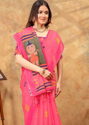 pink linen cotton pre-stitched saree 5