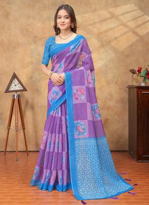 lavender colour Linen cotton ready to wear saree with unstitched blouse 1