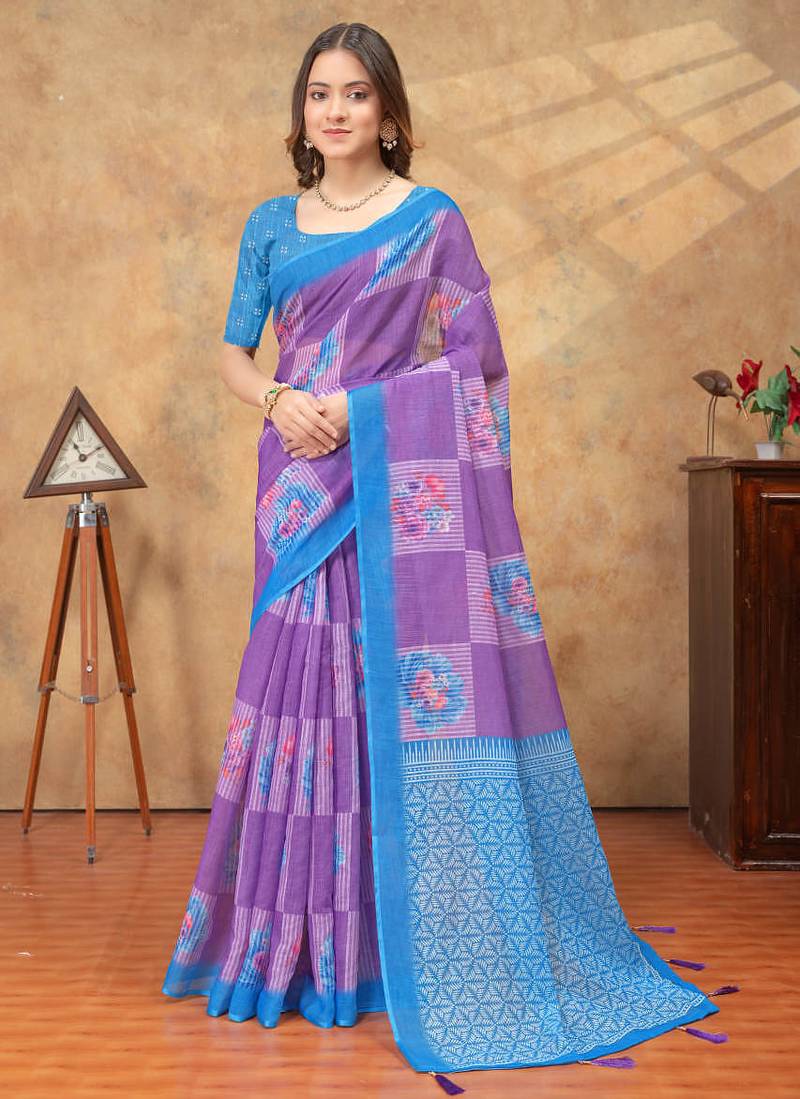lavender colour Linen cotton ready to wear saree with unstitched blouse