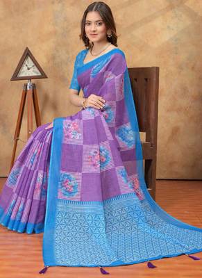 lavender colour Linen cotton ready to wear saree with unstitched blouse 4