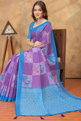 lavender colour Linen cotton ready to wear saree with unstitched blouse