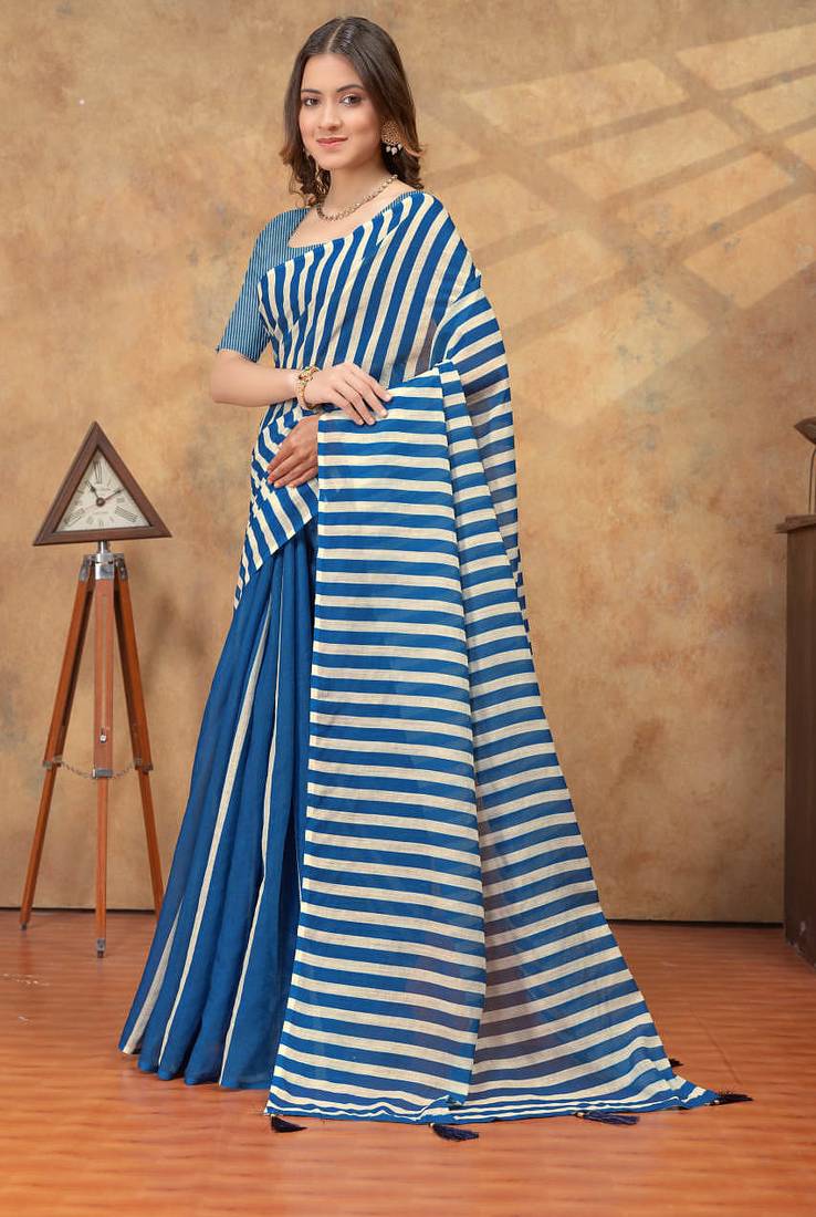 blue colour Linen cotton ready to wear saree with unstitched blouse
