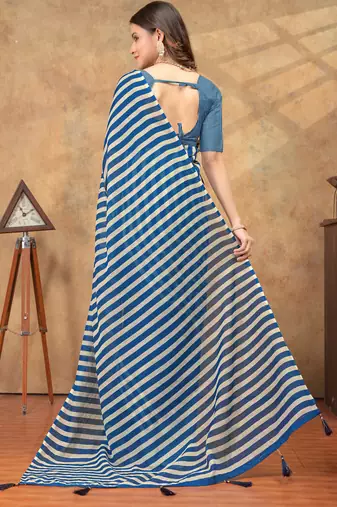 blue colour Linen cotton ready to wear saree with unstitched blouse
