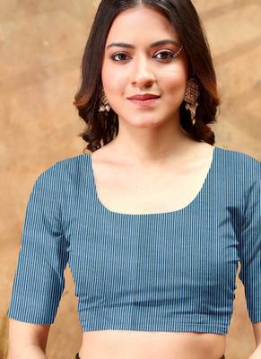 blue colour Linen cotton ready to wear saree with unstitched blouse 3