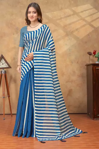 blue colour Linen cotton ready to wear saree with unstitched blouse