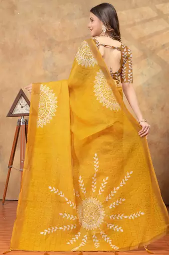 gold colour Linen cotton ready to wear saree with unstitched blouse