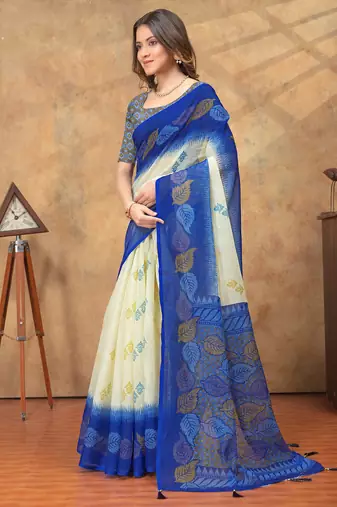 cream and blue colour Linen cotton ready to wear saree with unstitched blouse