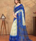 cream and blue colour Linen cotton ready to wear saree with unstitched blouse