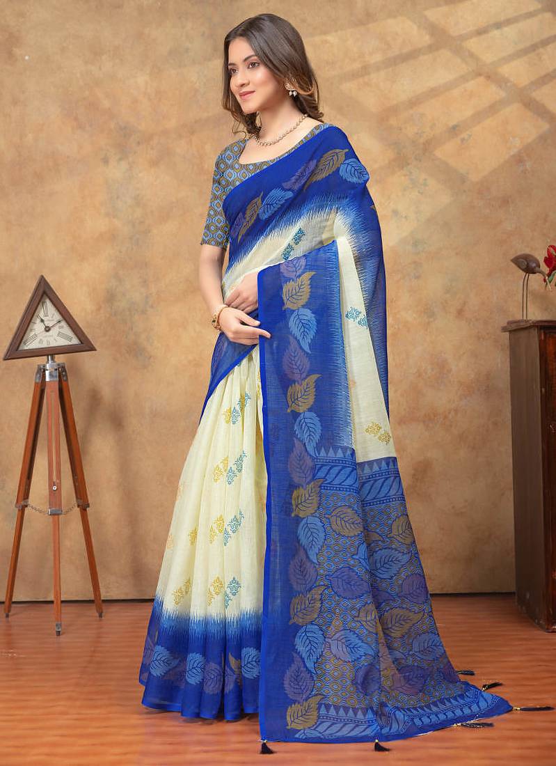 cream and blue colour Linen cotton ready to wear saree with unstitched blouse