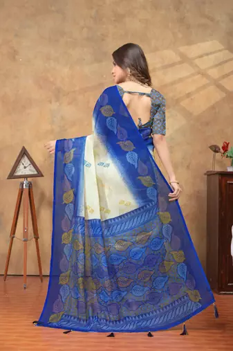 cream and blue colour Linen cotton ready to wear saree with unstitched blouse