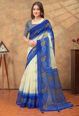 cream and blue colour Linen cotton ready to wear saree with unstitched blouse 4