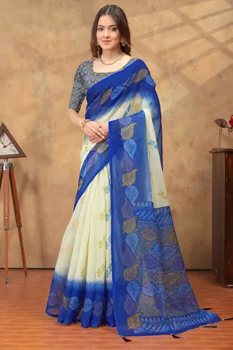 cream and blue colour Linen cotton ready to wear saree with unstitched blouse