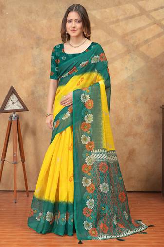 yellow color Linen cotton ready to wear saree with unstitched blouse