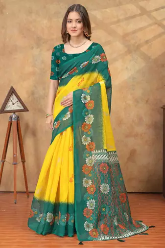 yellow color Linen cotton ready to wear saree with unstitched blouse