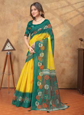 yellow color Linen cotton ready to wear saree with unstitched blouse 2