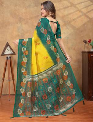 yellow color Linen cotton ready to wear saree with unstitched blouse 3