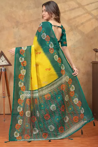 yellow color Linen cotton ready to wear saree with unstitched blouse