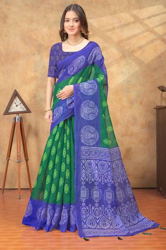 green and blue colour Linen cotton ready to wear saree with unstitched blouse
