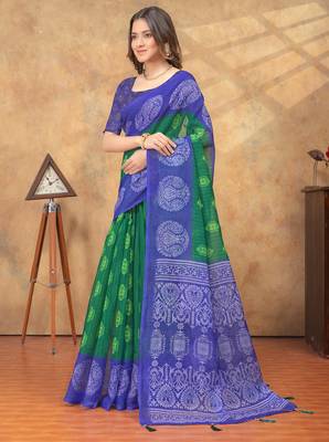green and blue colour Linen cotton ready to wear saree with unstitched blouse 2