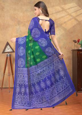 green and blue colour Linen cotton ready to wear saree with unstitched blouse 3