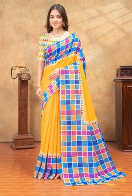 yellow colour Linen cotton ready to wear saree with unstitched blouse 1