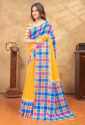 yellow colour Linen cotton ready to wear saree with unstitched blouse 2