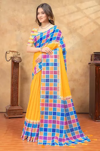 yellow colour Linen cotton ready to wear saree with unstitched blouse