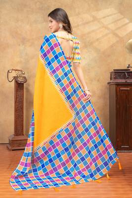 yellow colour Linen cotton ready to wear saree with unstitched blouse 3