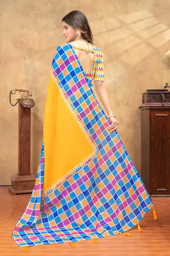 yellow colour Linen cotton ready to wear saree with unstitched blouse