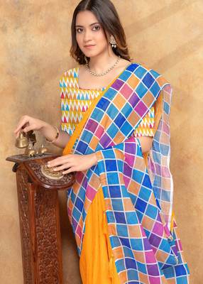 yellow colour Linen cotton ready to wear saree with unstitched blouse 4