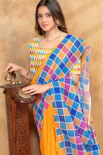 yellow colour Linen cotton ready to wear saree with unstitched blouse