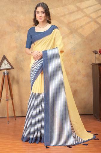 cream colour Linen cotton ready to wear saree with unstitched blouse