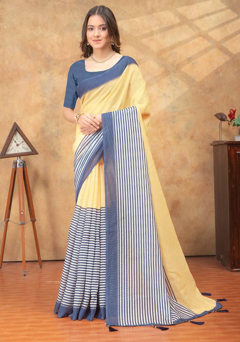 cream colour Linen cotton ready to wear saree with unstitched blouse