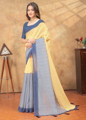 cream colour Linen cotton ready to wear saree with unstitched blouse 2