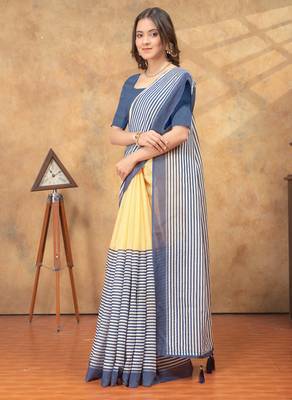 cream colour Linen cotton ready to wear saree with unstitched blouse 4