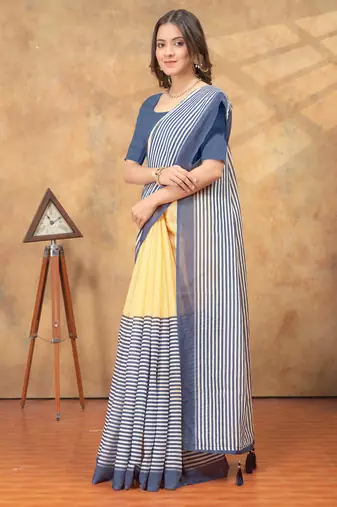 cream colour Linen cotton ready to wear saree with unstitched blouse