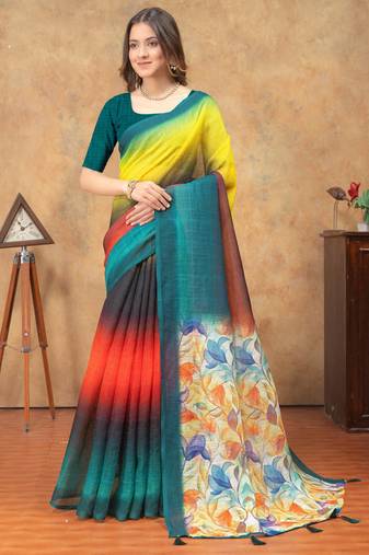multicolor Linen cotton ready to wear saree with unstitched blouse