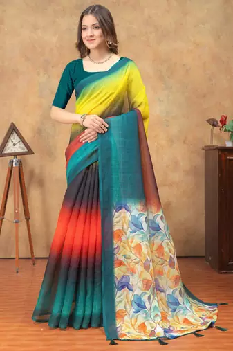 multicolor Linen cotton ready to wear saree with unstitched blouse