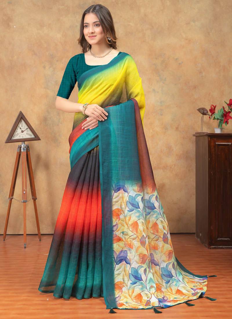 multicolor Linen cotton ready to wear saree with unstitched blouse