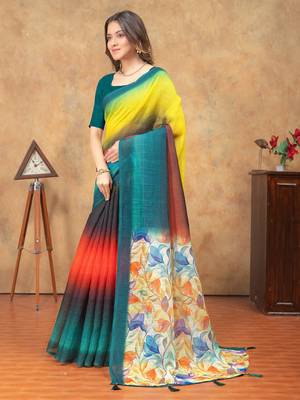 multicolor Linen cotton ready to wear saree with unstitched blouse 2