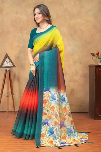multicolor Linen cotton ready to wear saree with unstitched blouse